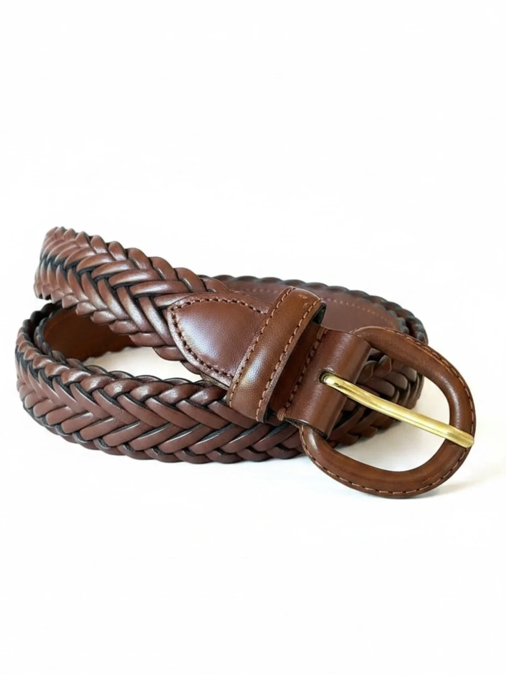 Braided Leather Belt Covered Buckle Cognac Brown Sz 40 Classic Boho Adjustable